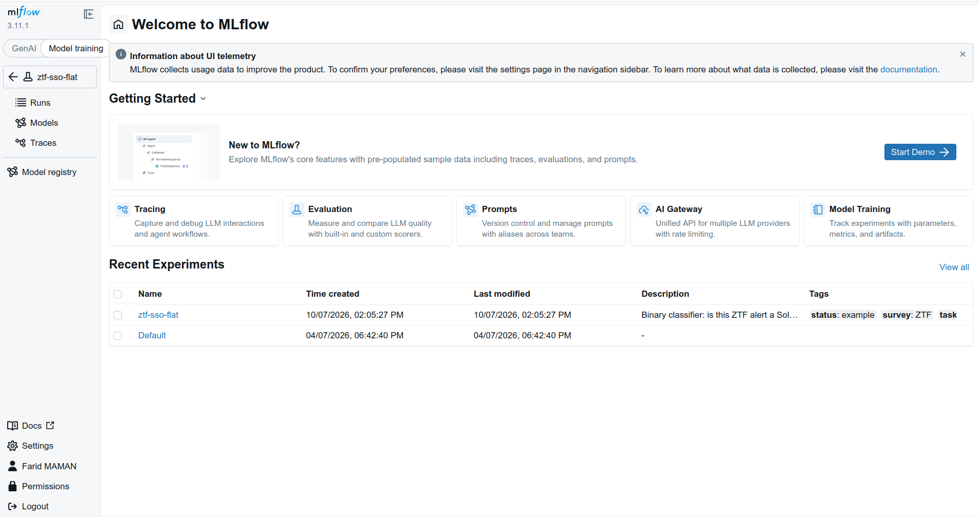 MLflow home page with the list of experiments