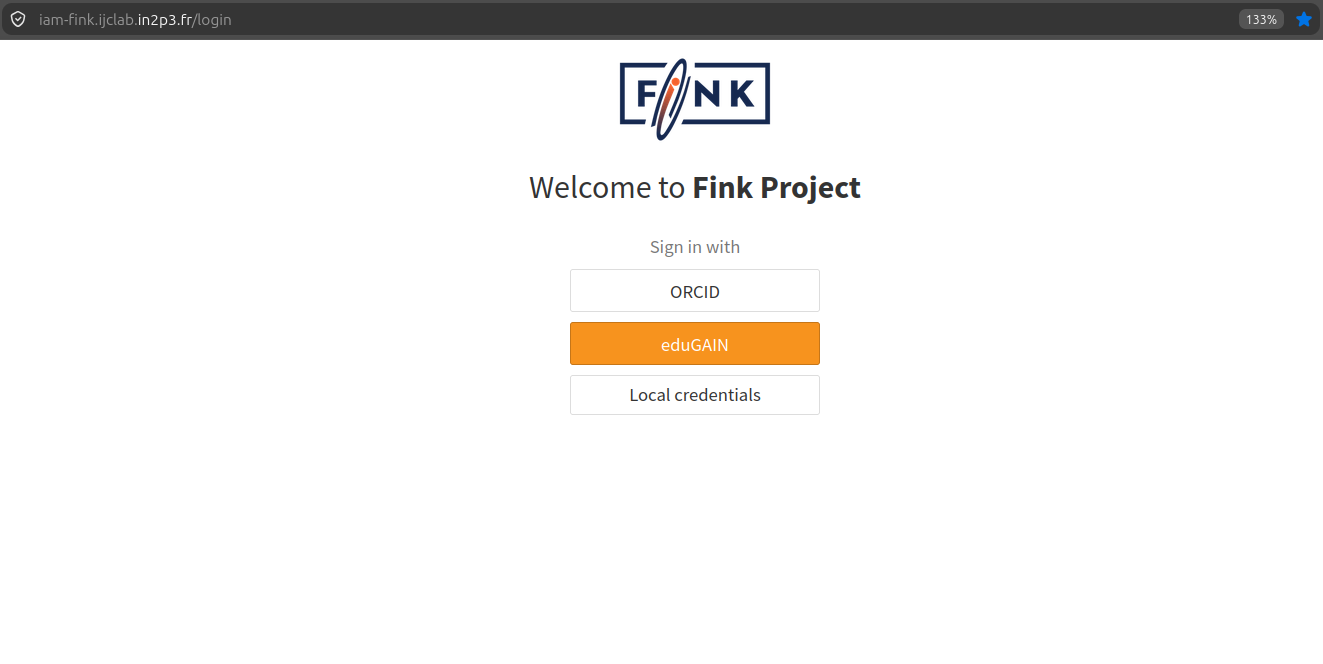 Fink login page with ORCID and eduGAIN