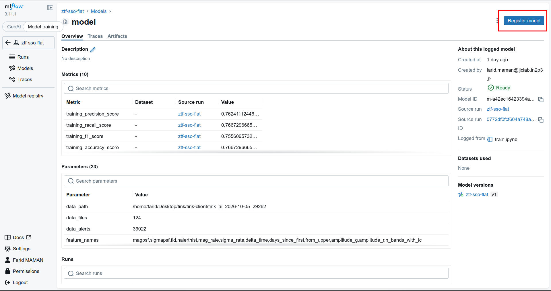Register model button on the logged model page