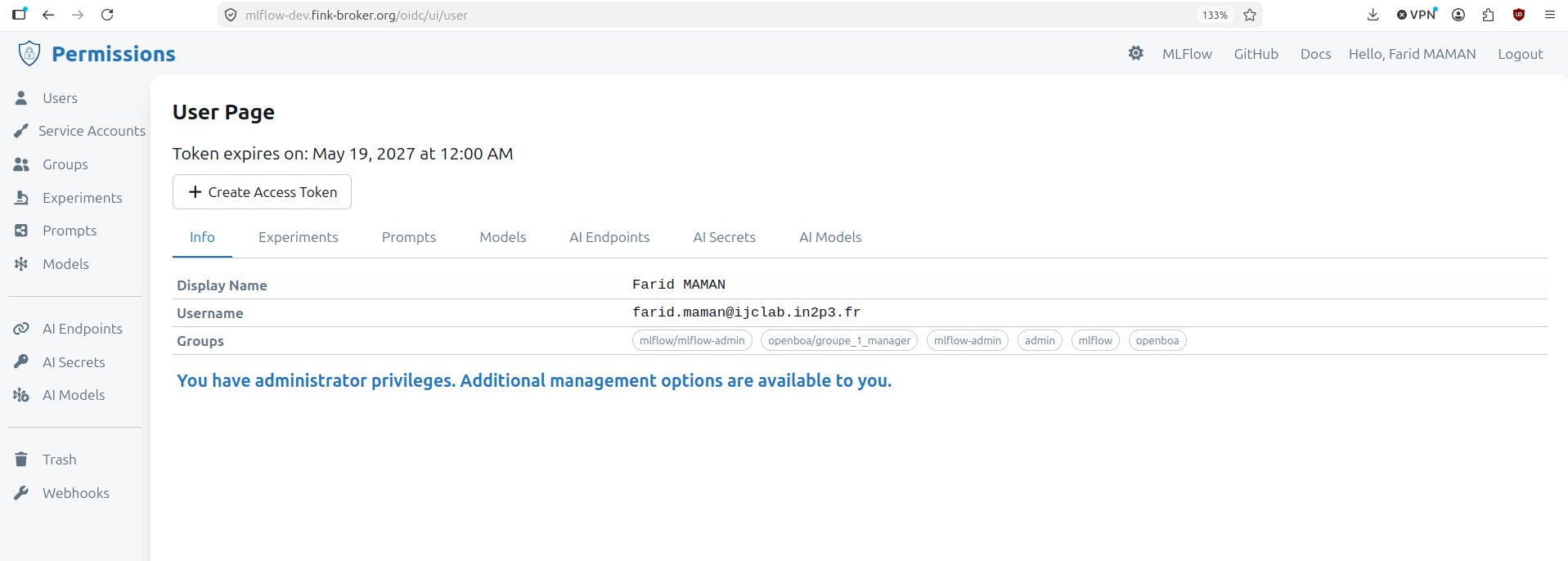 MLflow user page