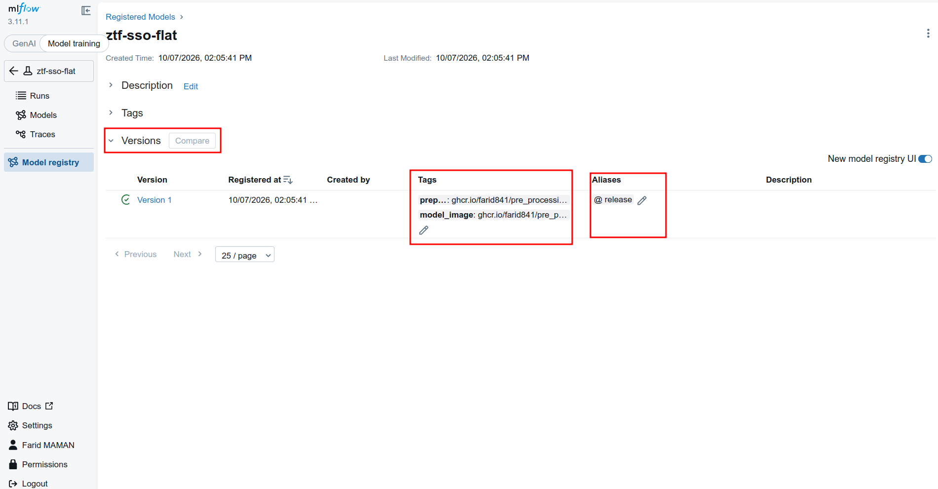 Versions of a registered model, with the preprocessing_image and model_image tags and the release alias