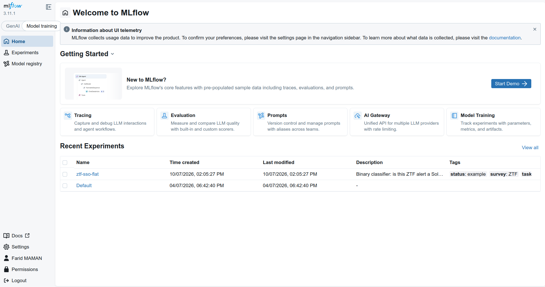 MLflow welcome page